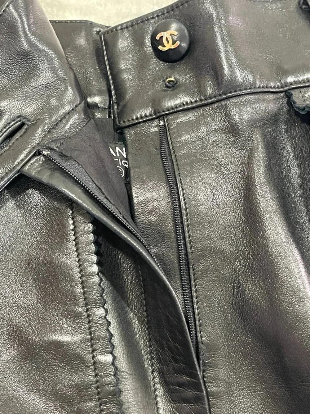 Vintage Chanel Black Leather Pants with Flap Pockets Size 24